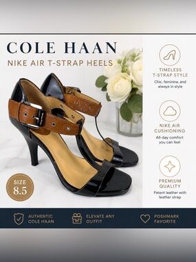 Cole Haan Black Patent T-Strap Heels with Brown Ankle Strap